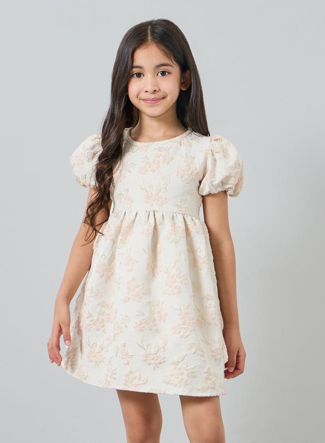 Styli Girls Gold Floral Jaquard Fit and Flare Party Dress - Image 2